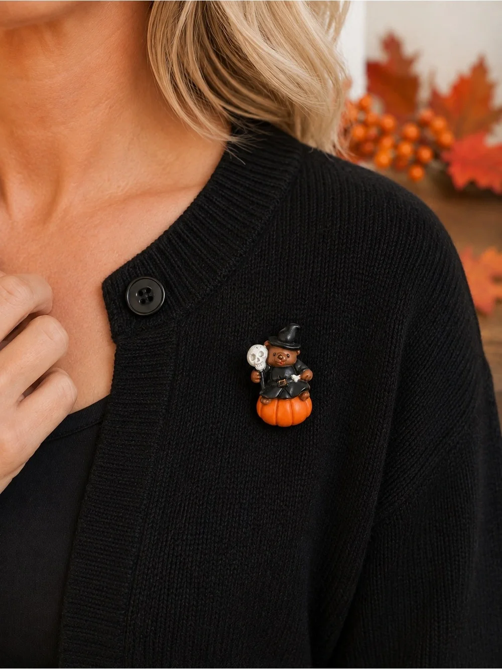 Cute Vintage Halloween Bear Brooch in Orange and Black 1980s